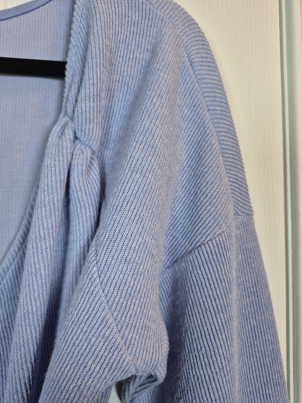 By Anthropologie Blue Periwinkle Ribbed Wrap Front Tie Top Sweater Size Large - Picture 4 of 7